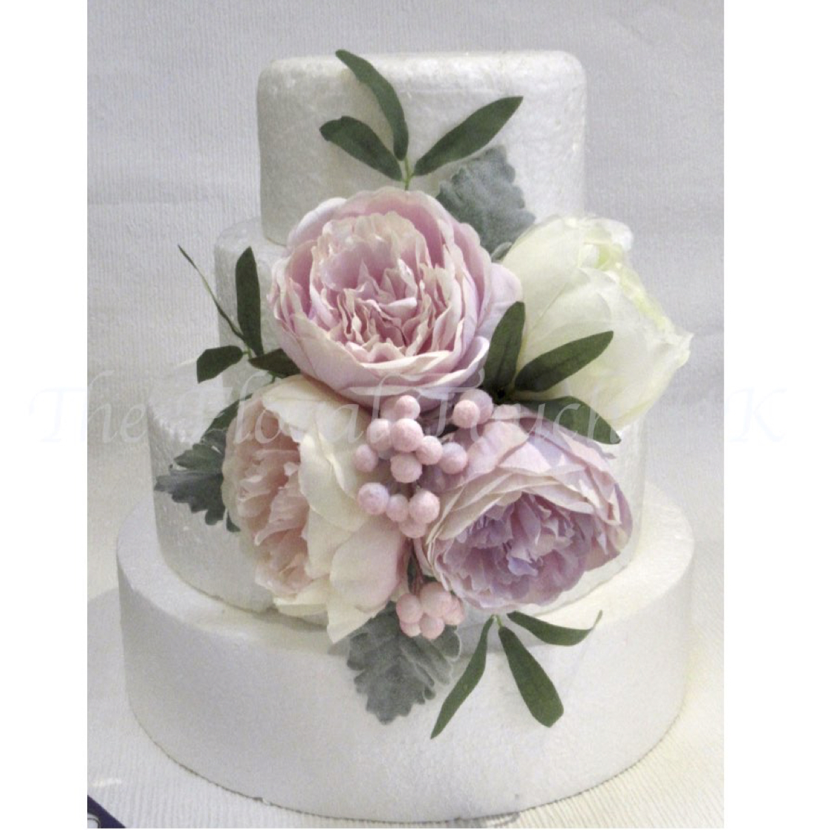 Cake Flowers Spray, peonies & berries with flocked dusty miller